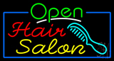 Green Open Hair Salon With Blue Border Neon Sign
