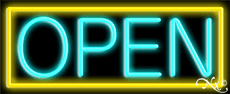 Aqua Open With Yellow Border Neon Sign