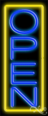 Blue Open With Yellow Border Vertical Neon Sign