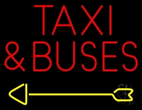 Red Taxi And Buses With Arrow Neon Sign