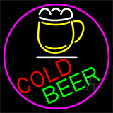 Cold Beer And Mug With Pink Border Neon Sign