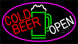 Cold Beer With Yellow Mug Open With Pink Border Neon Sign