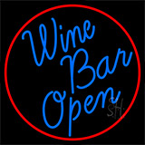 Cursive Blue Wine Bar Open With Red Border Neon Sign