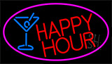 Red Happy Hour And Wine Glass With Pink Border Neon Sign