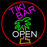 Tiki Bar And Palm Tree Open With Red Border Neon Sign