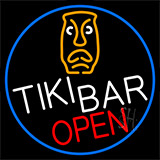 Tiki Bar Sculpture Open With Blue Border Neon Sign
