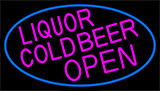 Pink Liquors Cold Beer Open With Blue Border Neon Sign