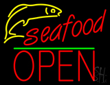 Seafood Logo Block Open Green Line Neon Sign