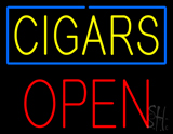 Yellow Cigars Blue Border Open Block Neon Sign