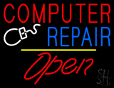 Red Computer Repair Yellow Line Open Neon Sign