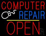 Red Computer Repair Block Open Yellow Line Neon Sign