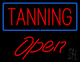 Red Tanning Blue Border Open Neon Sign