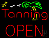 Red Tanning Block Open With Palm Tree Neon Sign