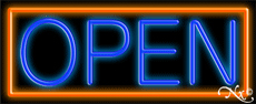 Blue Open With Orange Border Neon Sign