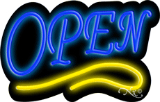 Deco Style Blue Open With Yellow Line Neon Sign