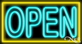 Double Stroke Aqua Open With Yellow Border Neon Sign