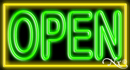 Double Stroke Green Open With Yellow Border Neon Sign
