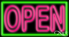 Double Stroke Pink Open With Green Border Neon Sign