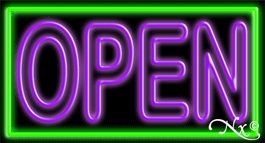 Double Stroke Purple Open With Green Border Neon Sign