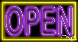 Double Stroke Purple Open With Yellow Border Neon Sign