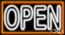 Double Stroke White Open With Orange Border Neon Sign