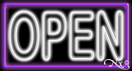 Double Stroke White Open With Purple Border Neon Sign