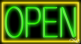 Yellow Border With Green Open Neon Sign