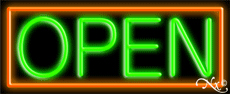 Green Open With Orange Border Neon Sign