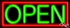 Green Open With Red Border Neon Sign