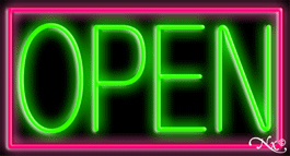 Pink Border With Green Open Neon Sign