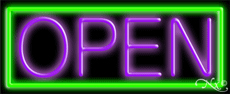 Purple Open With Green Border Neon Sign