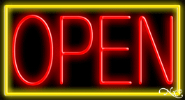 Yellow Border With Red Open Neon Sign