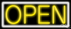 Yellow Open With White Border Neon Sign