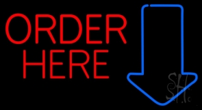 Red Order Here With Arrow Neon Sign