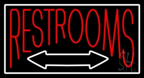 Red Restrooms With Double Sided Arrow Neon Sign