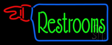 Restrooms With Hand Pointing Neon Sign