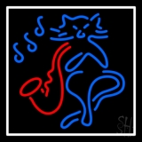 Saxophone Cat Logo White Border Neon Sign