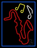 Saxophone With Musical Notes Blue Border Neon Sign