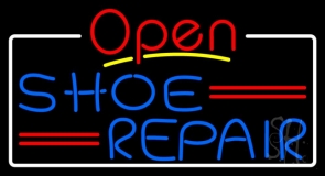 Blue Shoe Repair Open With Border Neon Sign
