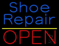 Blue Shoe Repair Open With Yellow Line Neon Sign