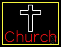 Church With Cross Yellow Border Neon Sign