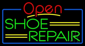 Green Shoe Repair Open With Blue Border Neon Sign