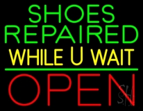 Green Shoes Repaired Yellow While You Wait Open Neon Sign