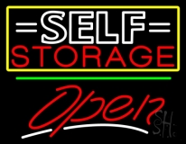 White Self Storage Block With Open 3 Neon Sign