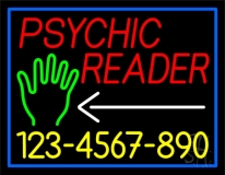 Red Psychic Reader With Yellow Phone Number With Blue Border Neon Sign