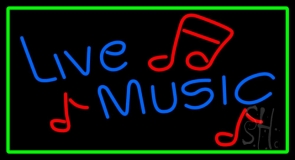 Green Border With Blue Live Music With Red Notes Neon Sign