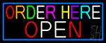 Order Here Open With Blue Border Neon Sign