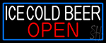White Ice Cold Beer Open With Blue Border Neon Sign