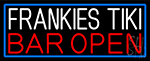 Frankies Tiki Bar Open With Blue Border Neon Sign