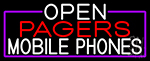 Open Pagers Mobile Phones With Purple Border Neon Sign